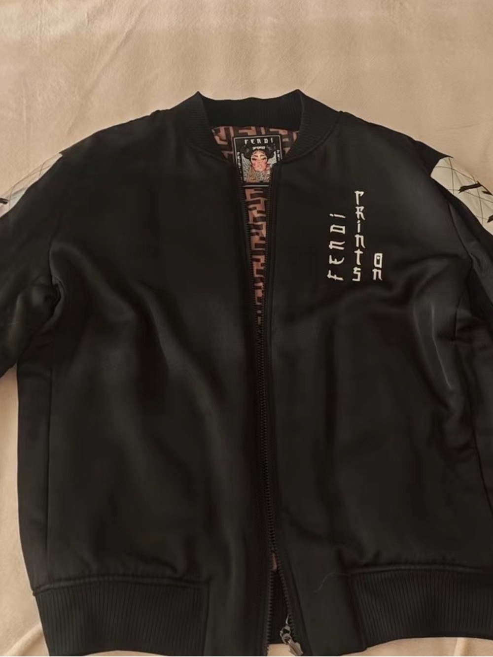 Fendi  Nicky Minaj Black Satin Bomber Jacket with Logo Print reversible L